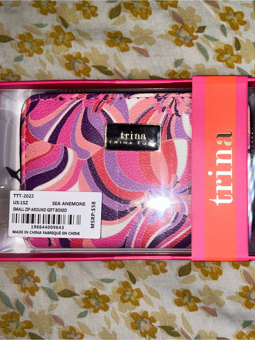 Trina Turk Vibrant Swirl Floral Zip Wallet in Pink and Purple